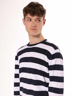 Maglia girocollo a righe|Colore:Blu