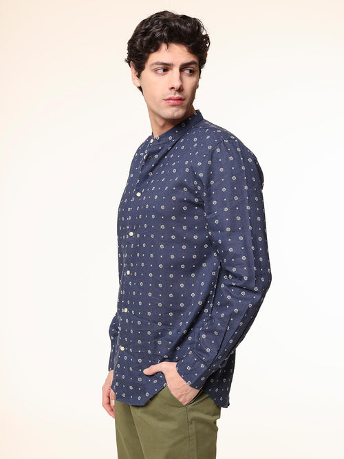 Camicia lino-cotone collo coreana|Colore:Blu