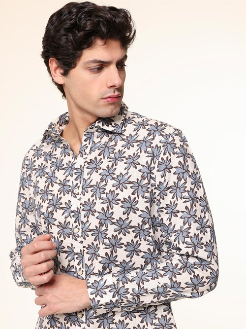 Camicia fantasia lino cotone|Colore:Azzurro