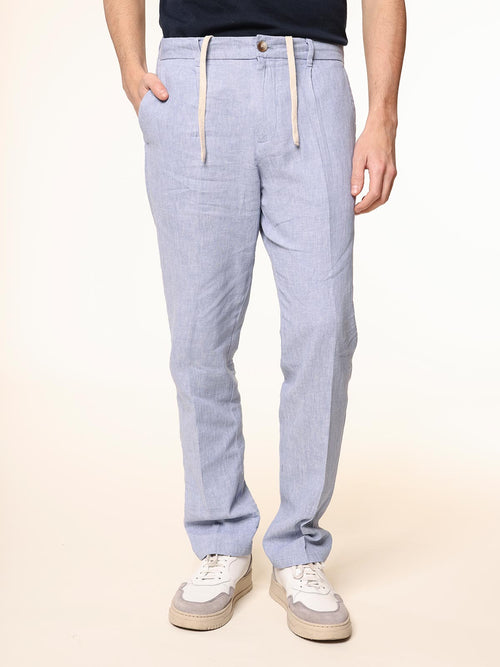 Pantaloni in misto lino|Colore:Celeste