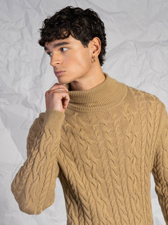 Maglia collo alto lavorazione treccia|Colore:Beige