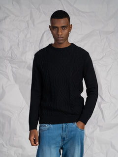 Maglia girocollo con treccia|Colore:Nero