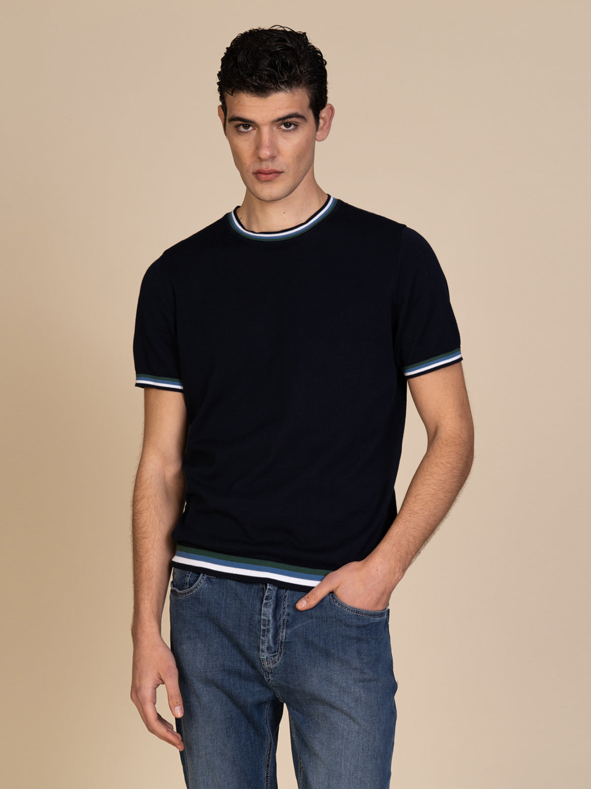 Maglia girocollo bande colori|Colore:Blu